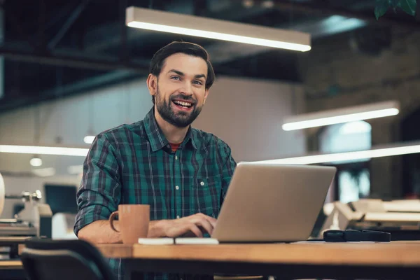 Happy Young Man Sitting Laptop Work Looking Distance — Stock Photo, Image