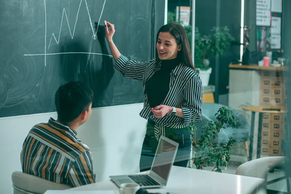 Cheerful lady drawing an arrow on the blackboard while talking about the company development