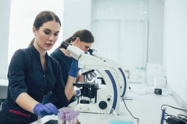 Sakin laboratuvar asistanı elinde mikroskopla meslektaşının yanında oturuyor ve raftan bir test tüpü alıyor.