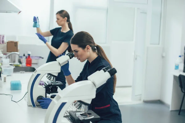 Koncentreret Laboratorieassistent Kigger Gennem Mikroskopet Mens Hendes Kollega Står Baggrunden - Stock-foto