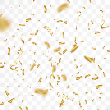 The realistic drop of  shiny confetti glitters in gold. New Year, birthday, design element of the Valentine's Day. Holiday design on a transparent background. clipart