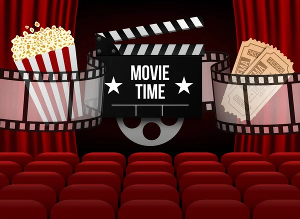 Kino s řadou červených křesel popcorn a lístky. Premiéra událost šablony. Super Show design. — Stockový vektor