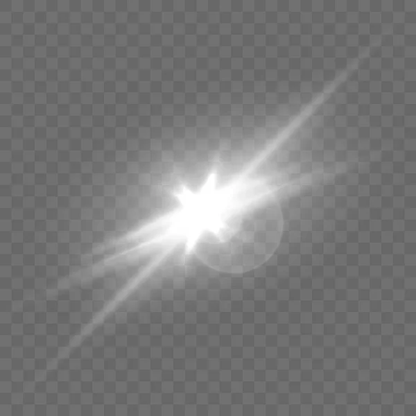 Lensa putih yang realistis menyalakan lampu bintang dan ledakan bersinar pada latar belakang transparan. ilustrasi vektor - Stok Vektor