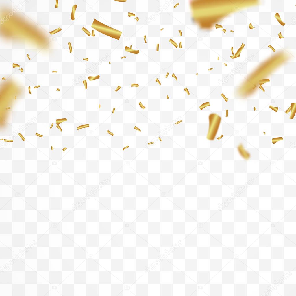 The realistic drop of  shiny confetti glitters in gold. New Year, birthday, design element of the Valentine's Day. Holiday design on a transparent background.