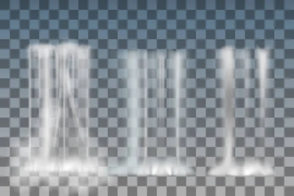 Set of realistic nature waterfalls with fog on transparent background isolated.