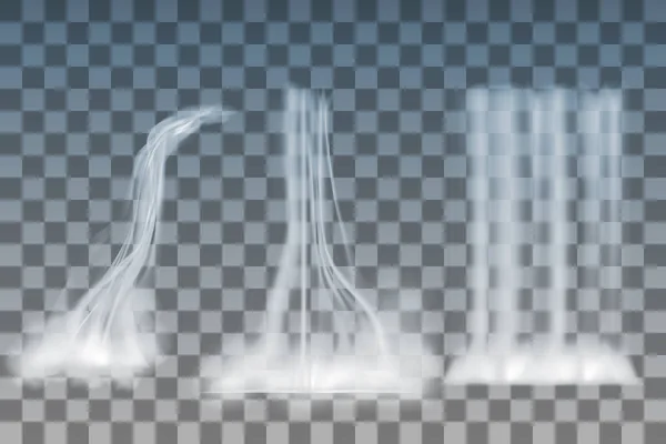 Set of realistic nature waterfalls with fog on transparent background isolated.
