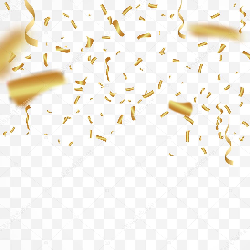 The realistic gold confetti background vector illustration.  Holiday design on a transparent background.