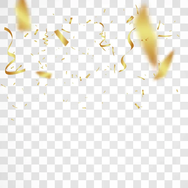 Den realistiska guld konfetti bakgrund vektor illustrationen. Holiday design på en transparent bakgrund. — Stock vektor
