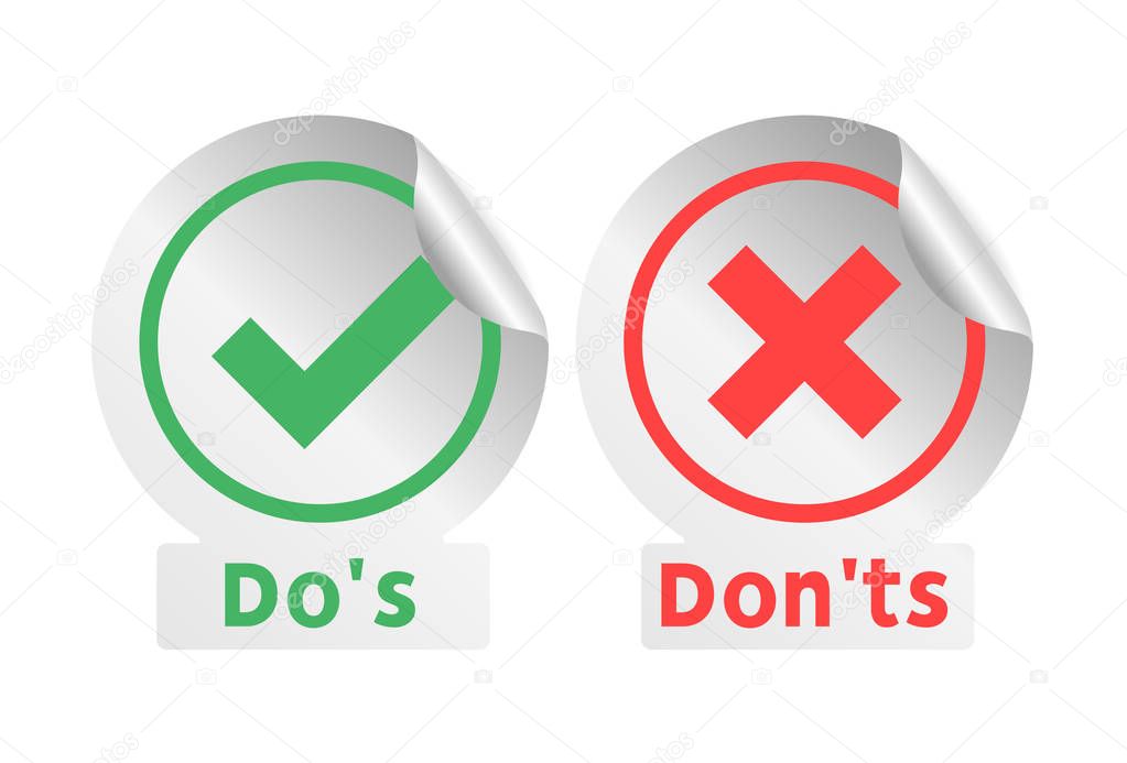 Vector round paper sticker with bent edge  dos and donts like checklist design isolated on white background. Vector Illustration.
