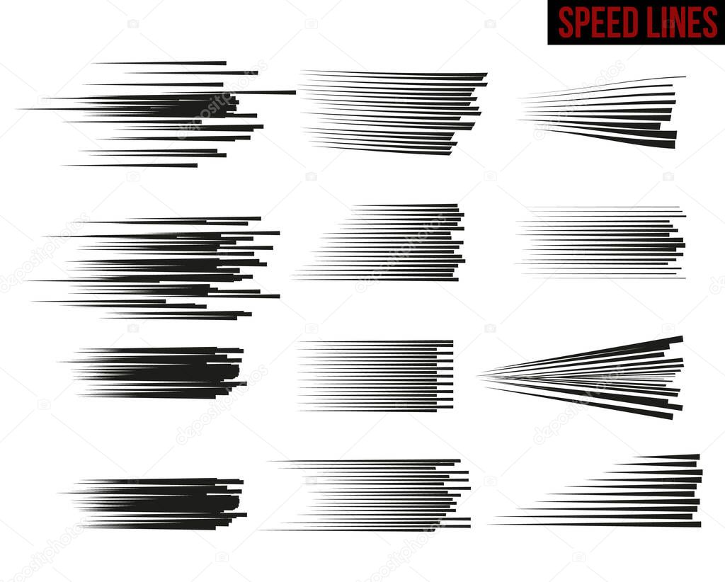 Set of different Speed Lines isolated on white background. Vector illustration. 