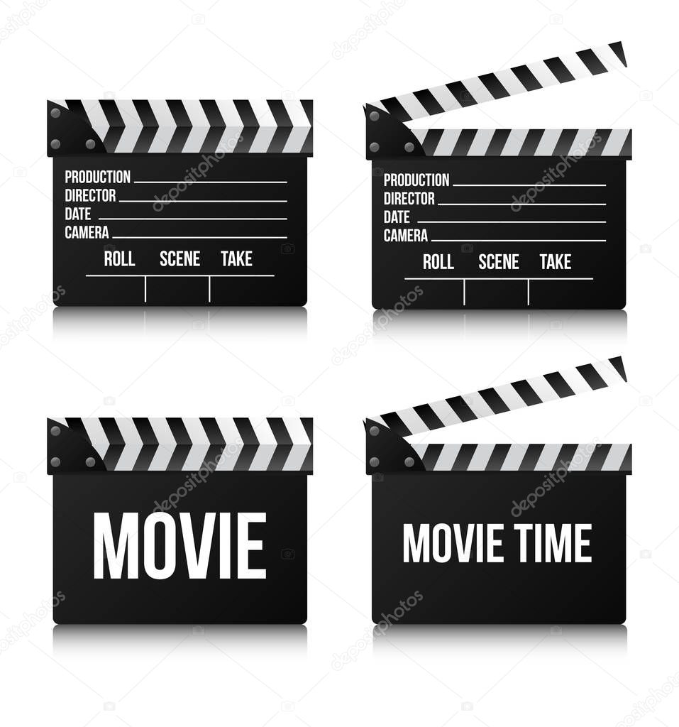 Set Realistic clapper cinema and movie on white background. Vector illustration.