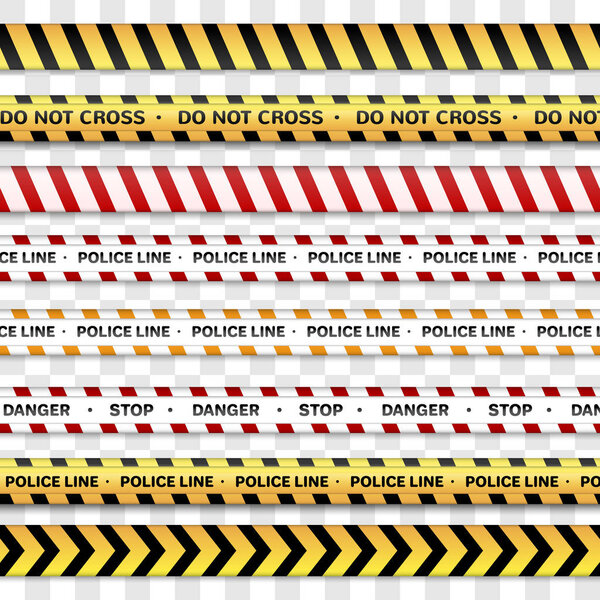 Police line and do not cross, Caution lines  Warning tapes. Danger signs isolated on a transparent background. 