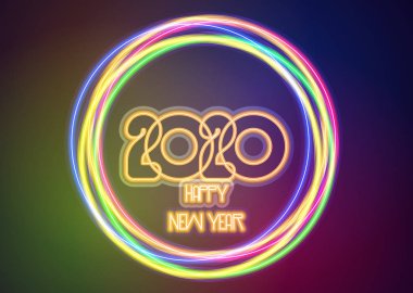 2020 Mutlu Yıllar Neon renk çemberi. 2020 Yeni Yıl Kutlama Kartı ya da Noel temalı davetiyeler için tasarım şablonu. Light Banner. Vektör İllüstrasyonu. 