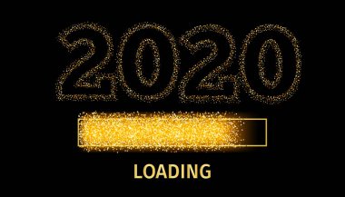 2020 Altın Yükleme Çubuğu neredeyse yeni yıla girdiğini gösteriyor. Siyah arkaplanda altın parıltı ve yükleme paneli.
