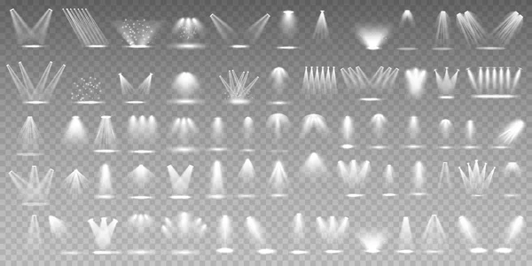 Illuminazione scenica grande collezione, effetti trasparenti. Illuminazione luminosa con faretti. Illuminazione spot del palco. Effetto speciale per il tuo design — Vettoriale Stock