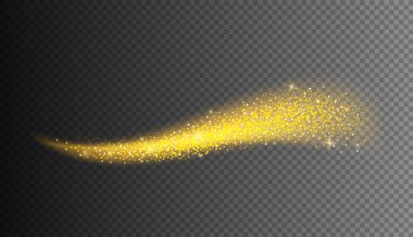 Altın ışıldayan dalgalar. Altın parçacıkları ile parıldayan toz. Fütürist dalga flaşı. Parlak çizgiler efekti. Şeffaf arkaplanda parlak kuyruklu yıldız kuyruğu.