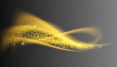Altın ışıldayan dalgalar. Altın parçacıkları ile parıldayan toz. Fütürist dalga flaşı. Parlak çizgiler efekti. Şeffaf arkaplanda parlak kuyruklu yıldız kuyruğu.