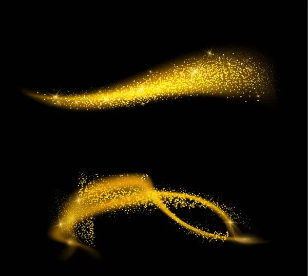 Golden glittering waves set. Sparkle dust with gold particles. Futuristic Wave Flash. Glowing shiny lines effect. Golden sparkling comet tail on black background. — Stock vektor