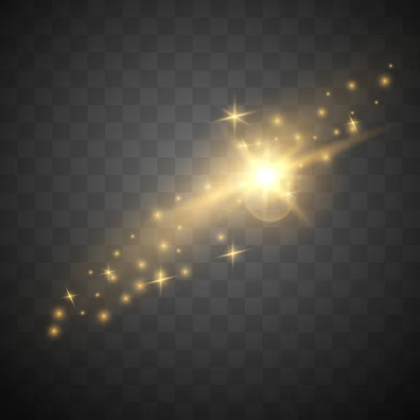 黄金の輝き。塵が火花を散らし、金色の星が特殊効果で輝きます。透明な背景に魔法の塵粒子を輝く. — ストックベクタ
