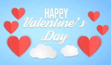 Kağıt sanatının sevgililer günü tasarımı, kırmızı kalpler ve bulutlar üstünde iğneyle tutturuluyor, yumuşak mavi arka plan, Sevgililer Günü kâğıdı kesim stili tebrik kartı ve posterinde. Vektör illüstrasyonu