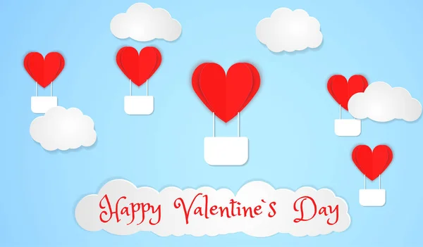 Valentines of paper craft design, red hearts and clouds are holding by sting on top, soft blue background , Happy Valentines Day Paper cut style on greeting card and poster. Vector illustration — 스톡 벡터