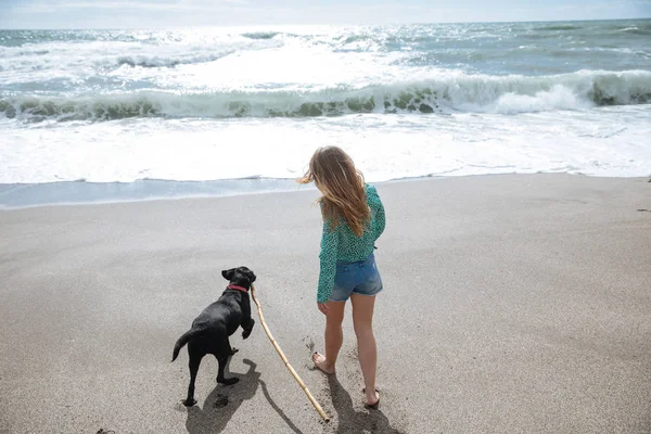Mulher feliz andando na praia brincando com seu cão — Fotografia de Stock