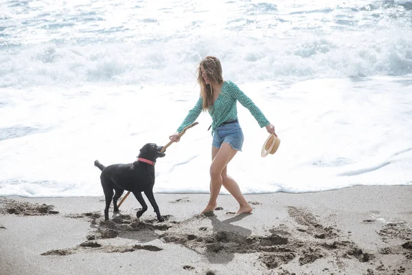 Mulher feliz andando na praia brincando com seu cão — Fotografia de Stock