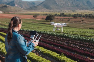 bir dron marul sahada uçan genç teknik kadınlar