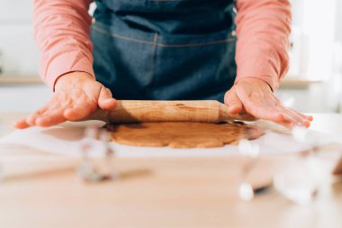 Genç bir kadının Noel tatilinde evde kurabiye yaptığı için hamur yoğurmasını kapat. El yapımı zencefilli kurabiye.