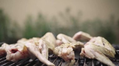 Barbekü ızgarasında lezzetli kanatlar pişiren adam dışarıda öğle yemeği için güzel bir yaz günü bir ev bahçesinde