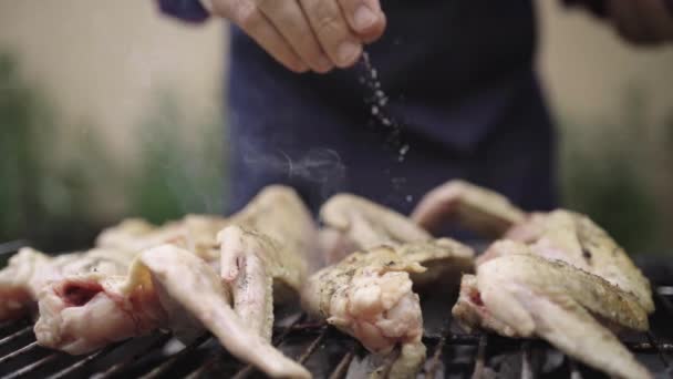 Homem Cozinhar Asas Saborosas Churrasqueira Para Almoço Livre Belo Dia — Vídeo de Stock