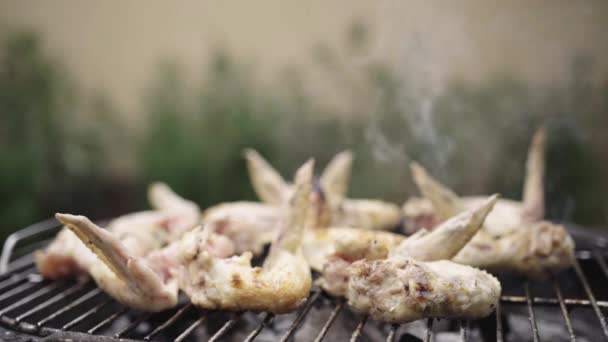 Άνδρας Μαγείρεμα Νόστιμα Φτερά Στο Μπάρμπεκιου Σχάρα Για Υπαίθριο Γεύμα — Αρχείο Βίντεο