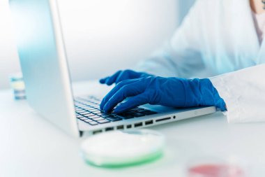 Kadın bilim adamının kırpılmış görüntüsü laboratuvarda çalışıyor. Bir mikrobiyoloji laboratuvarında dizüstü bilgisayar kullanarak araştırma yapmak. Mikrobiyoloji laboratuvarı.