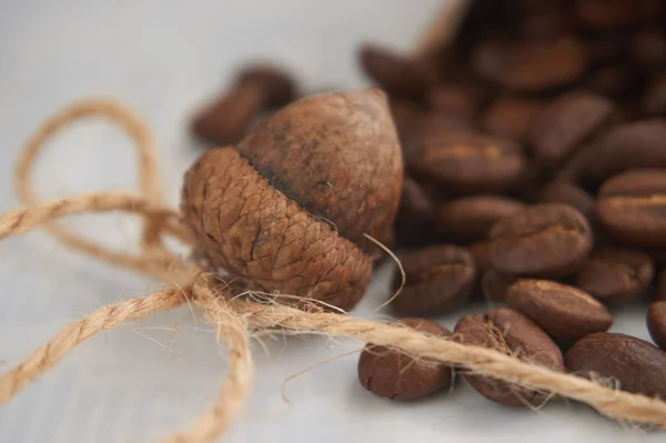 Dried acorn, coffee beans, jute cord — Stock Photo, Image