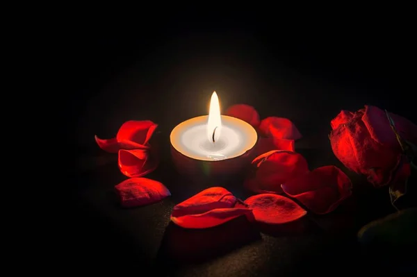 Vela de chá, rosa vermelha e pétalas de rosa em preto — Fotografia de Stock