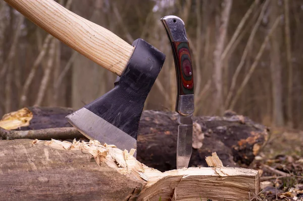 Chopper oder Axt und Taschenmesser in einem Baumstumpf — Stockfoto