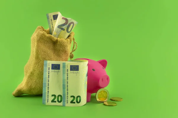 Reaping the rewards of financial success with a cute pink piggy bank, sack of money with a twenty Euro bill in the slot over a green background