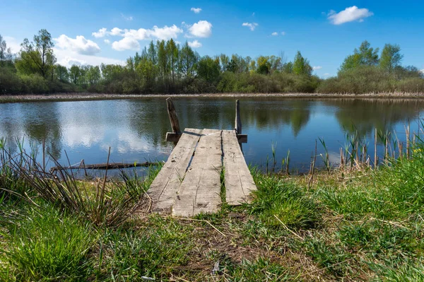 Gammal Rustik Träbrygga Lugn Sjö Med Vilt Gräs Stranden Och — Stockfoto