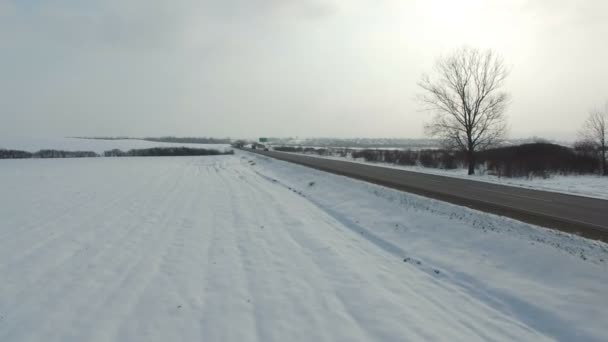 Luchtfoto van vrachtwagen winter weg rijden in het besneeuwde veld. — Stockvideo