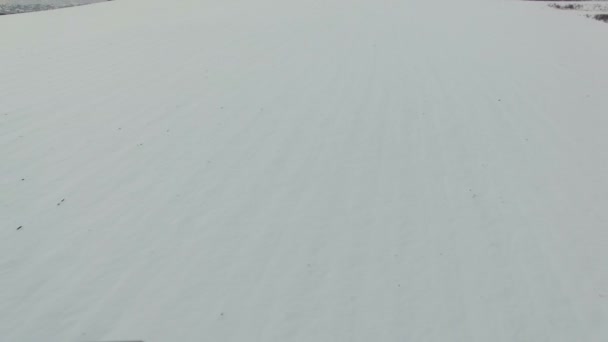 Volar sobre el campo cubierto de nieve en la carretera con el camión de conducción. Disparo aéreo con drones . — Vídeos de Stock