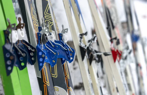 Kayak botları için bağları olan farklı kayaklar karların üzerinde.