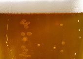 bubliny a pěna v paprscích světla ve sklenici piva zblízka