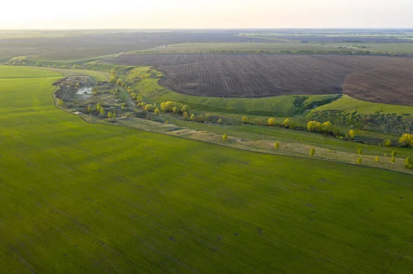 Bahar tarlaları, çayırlar, gün batımında dörtlü helikopterden vadiler.
