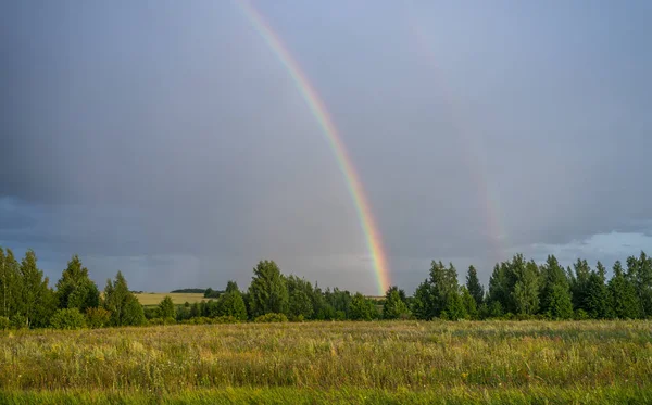 Lluvia y arco iris sobre campos y plantación de árboles — Foto de Stock
