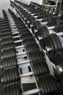 Spor salonunda farklı ağırlıktaki dambıllarla durun.