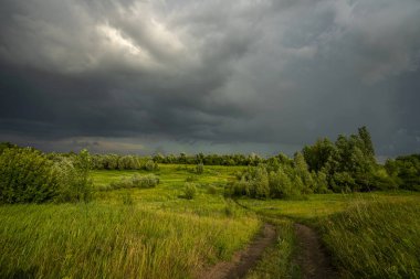 Güneş ışığıyla aydınlatılan bir çayır boyunca uzanan dolambaçlı, kirli kırsal bir yol ve üzerinde de kurşuni fırtına bulutları olan fırtınalı bir gökyüzü.