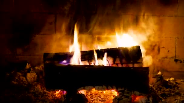 Zbliżenie Drewna Płonie Kominku Pod Którym Rozżarzone Węgle — Wideo stockowe