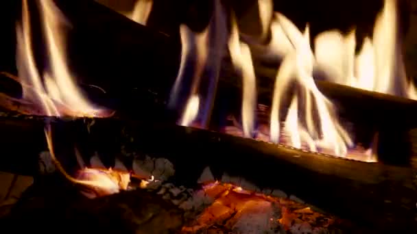 Eine Nahaufnahme Von Holz Brennt Kamin Mit Glühenden Kohlen Darunter — Stockvideo