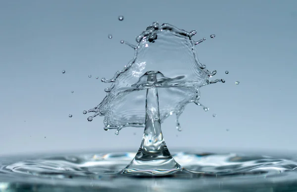 Las gotas de agua forman fascinantes esculturas transparentes en forma de hongo o paraguas cuando caen al agua, gotas y salpicaduras —  Fotos de Stock