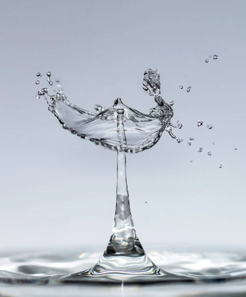 Gotas de agua caen desde una altura de agua pura y clara formando salpicaduras en forma de formas originales de paraguas, setas y coronas —  Fotos de Stock